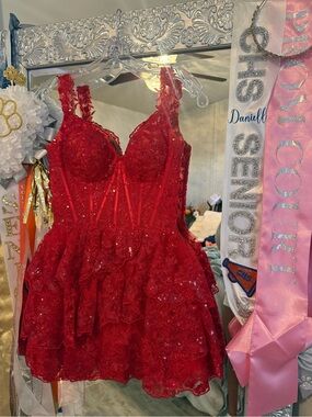 Sherri Hill Red Lace Sequin Party Dress